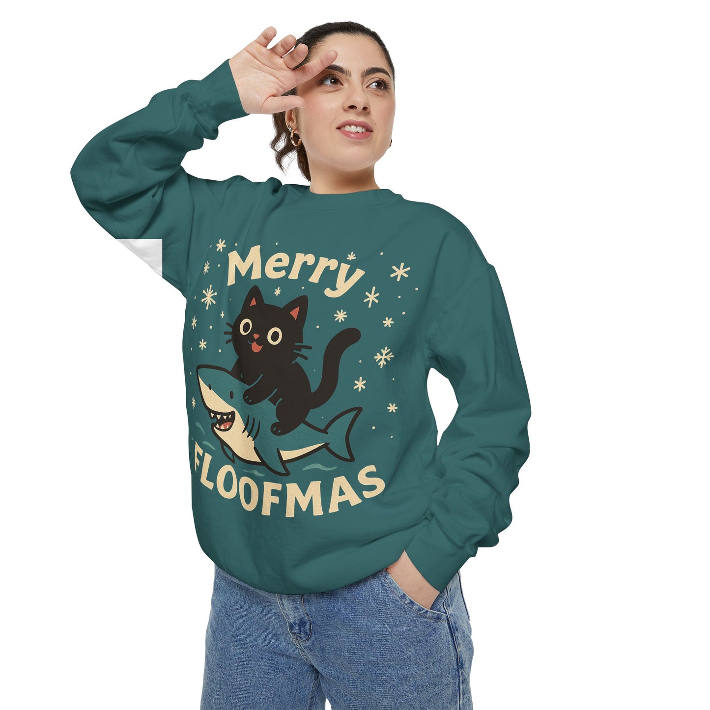 Merry Floofmas Sweatshirt — Cute Cat Riding Shark Holiday Sweater