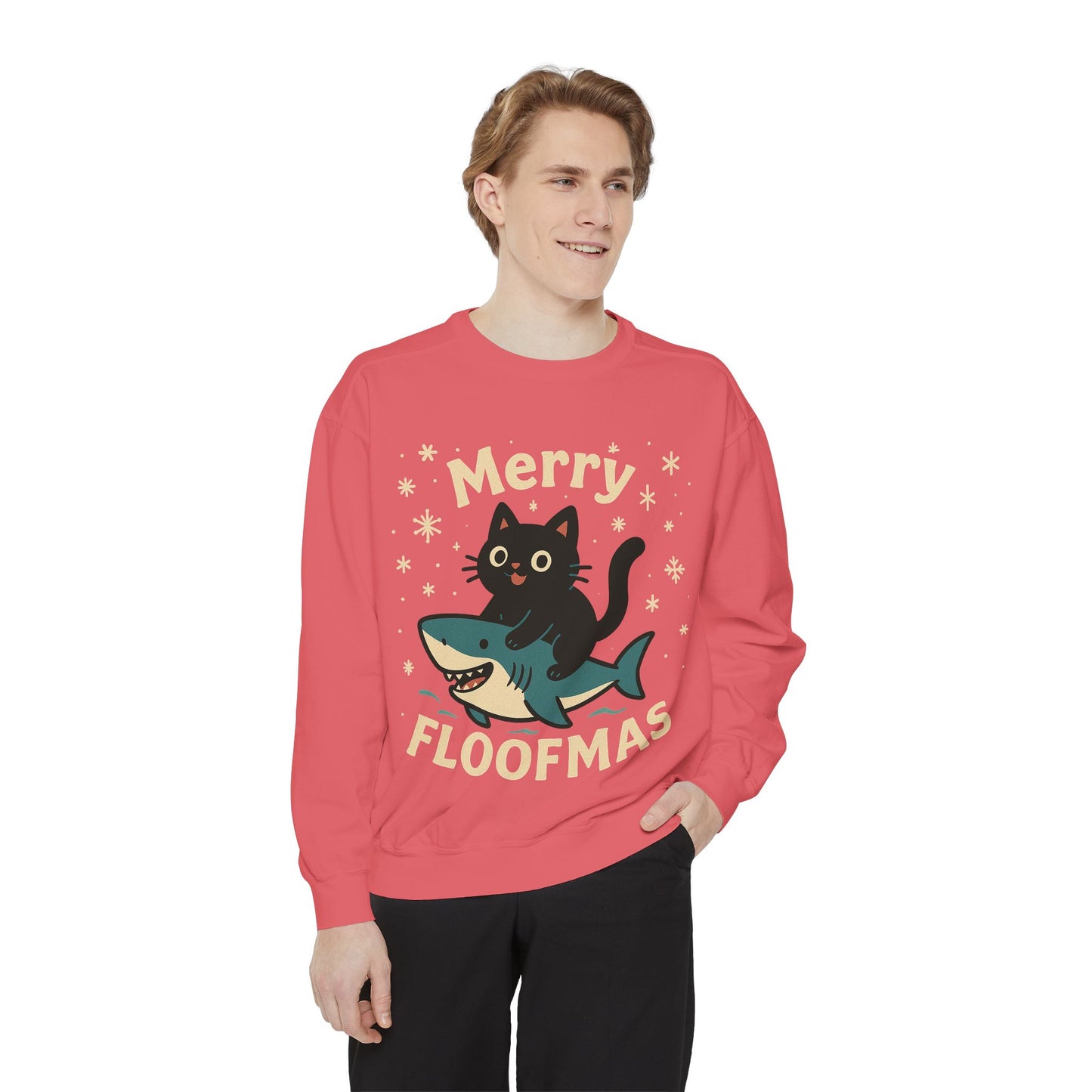 Merry Floofmas Sweatshirt — Cute Cat Riding Shark Holiday Sweater