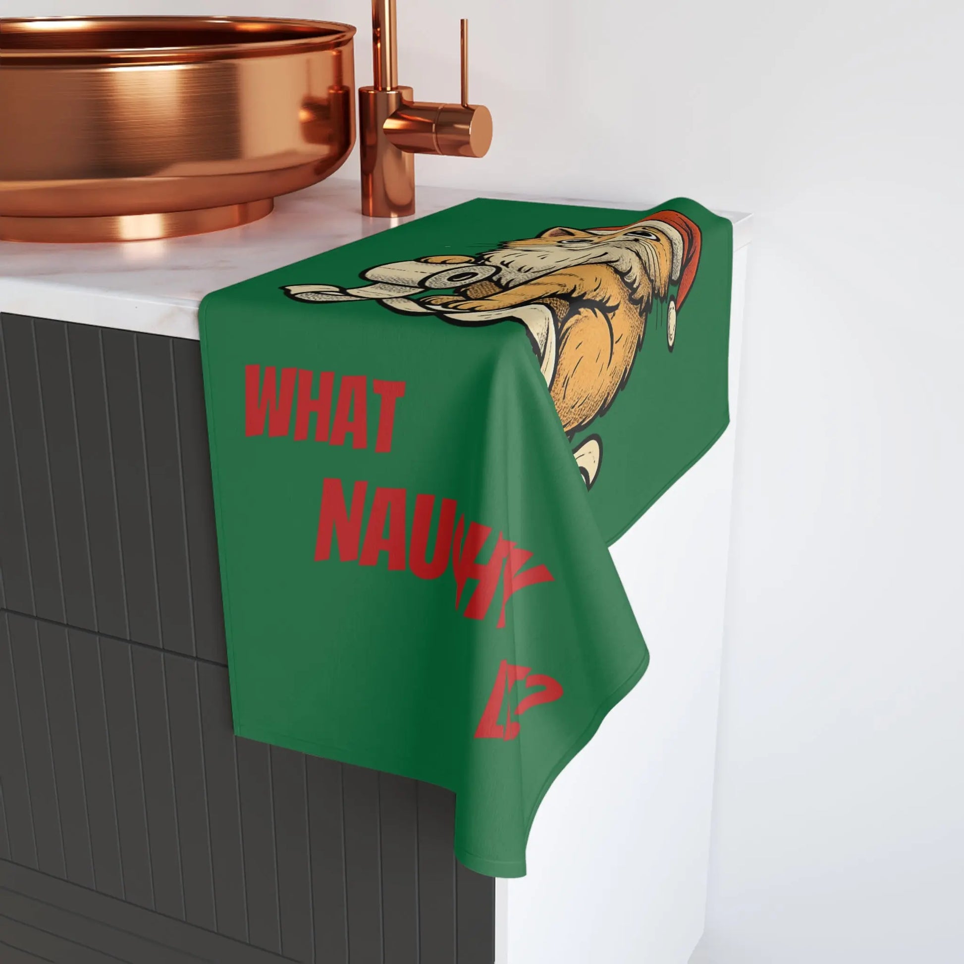 Christmas Cat Hand Towel — 'What Naughty List?' Holiday Kitchen Towel Printify