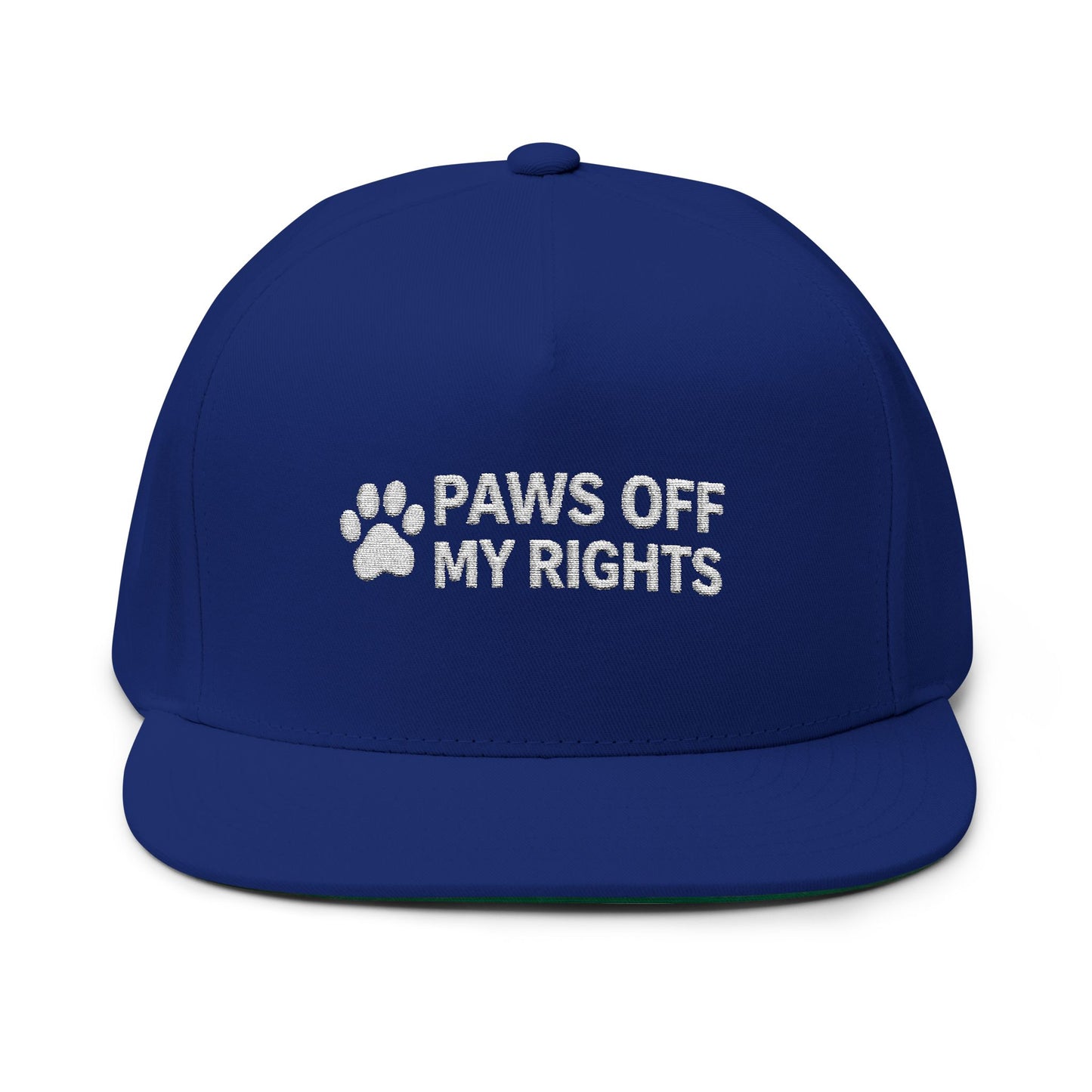 Paws Off My Rights Flat Bill Cap — Embroidered Cat Paw Freedom Hat