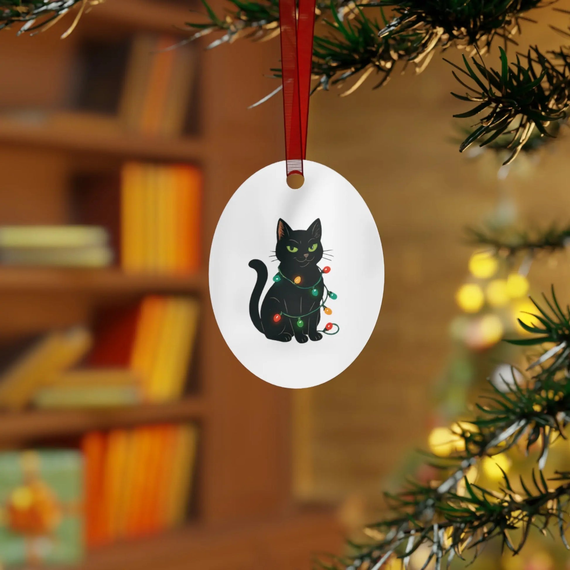 Bell Metal Ornament — Black Cat with Christmas Lights, “Definitely Naughty. Christmas 2025” Printify