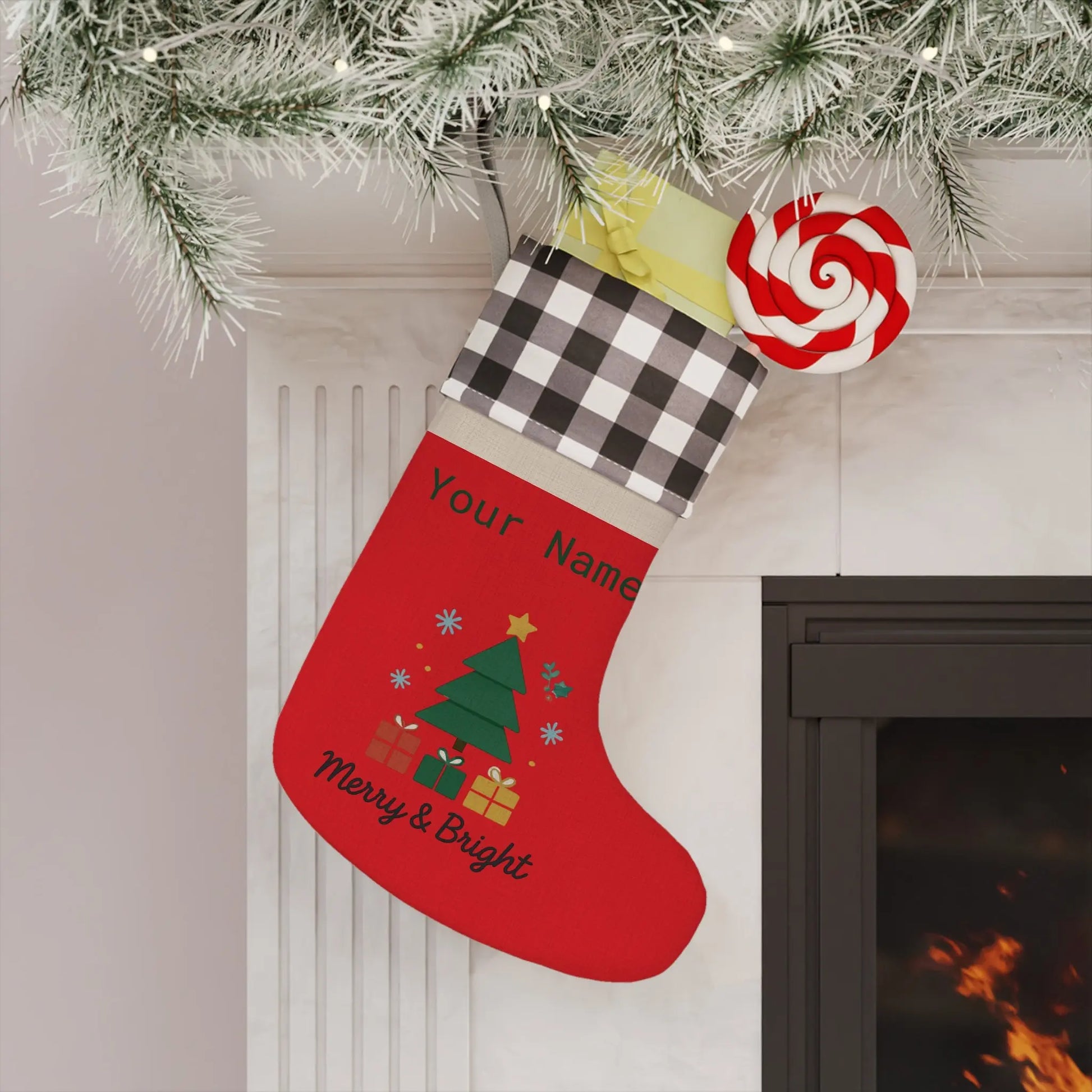 Personalized Merry & Bright Christmas Stocking – Buffalo Plaid Cuff, Custom Name Holiday Decor Printify