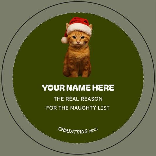 Personalized Christmas Cat Candle — 14oz Scented Soy Candle Engraved "Your Name Here: The Real Reason for the Naughty List" Printify