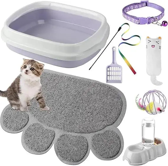 7 Pcs Small Cat Kitten Starter Litter Box with Shovel, Litter Mat, Double Automatic Bowls and Toy - FloofChonk