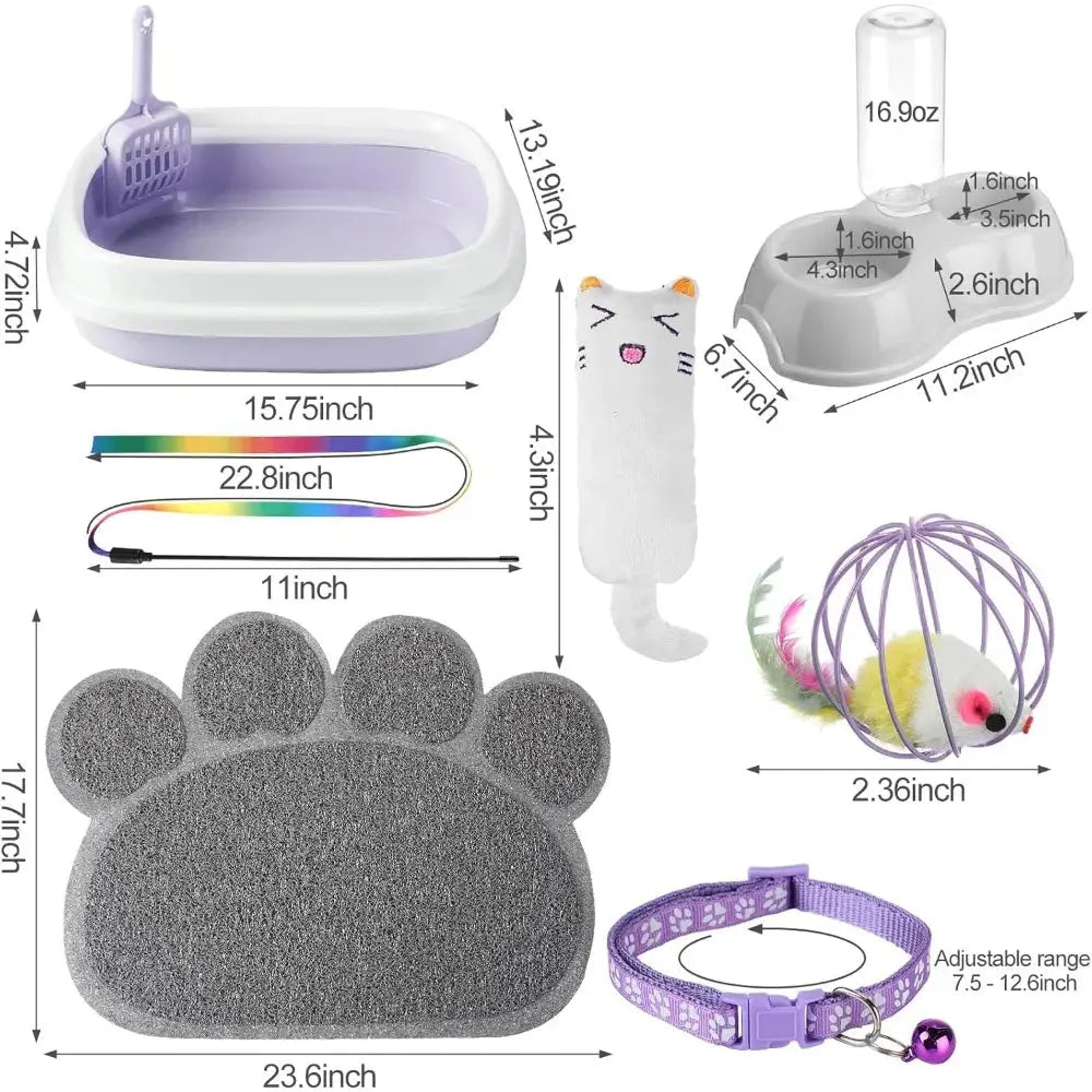 7 Pcs Small Cat Kitten Starter Litter Box with Shovel, Litter Mat, Double Automatic Bowls and Toy - FloofChonk