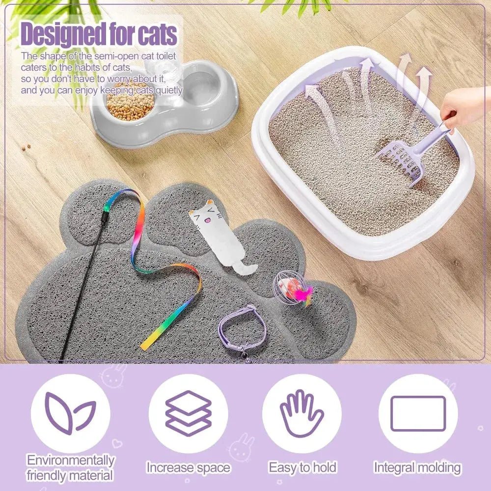 7 Pcs Small Cat Kitten Starter Litter Box with Shovel, Litter Mat, Double Automatic Bowls and Toy - FloofChonk