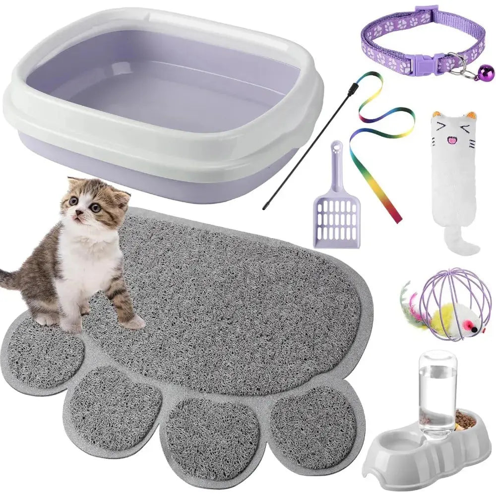 7 Pcs Small Cat Kitten Starter Litter Box with Shovel, Litter Mat, Double Automatic Bowls and Toy - FloofChonk