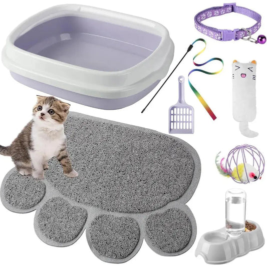 7 Pcs Small Cat Kitten Starter Litter Box with Shovel, Litter Mat, Double Automatic Bowls and Toy - FloofChonk