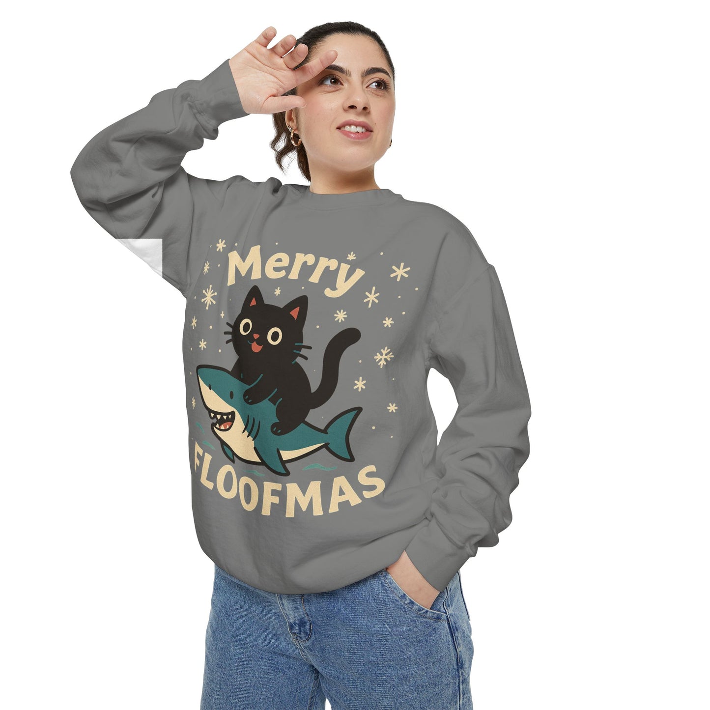 Merry Floofmas Sweatshirt — Cute Cat Riding Shark Holiday Sweater