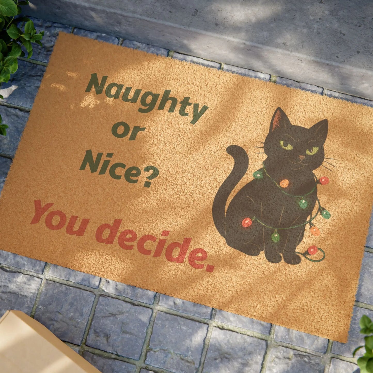 Naughty or Nice? Cat Doormat – Funny Holiday Welcome Mat with Christmas Lights Printify