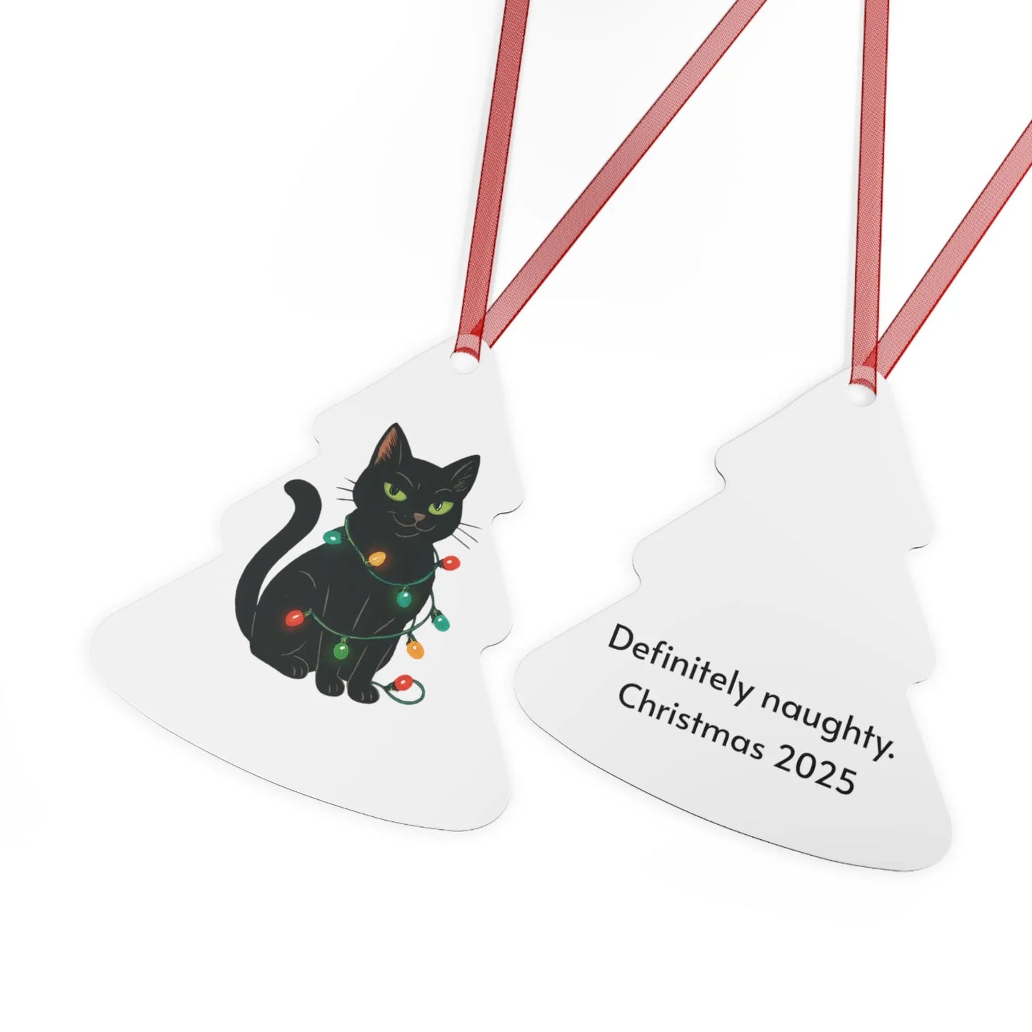 Bell Metal Ornament — Black Cat with Christmas Lights, “Definitely Naughty. Christmas 2025” Printify