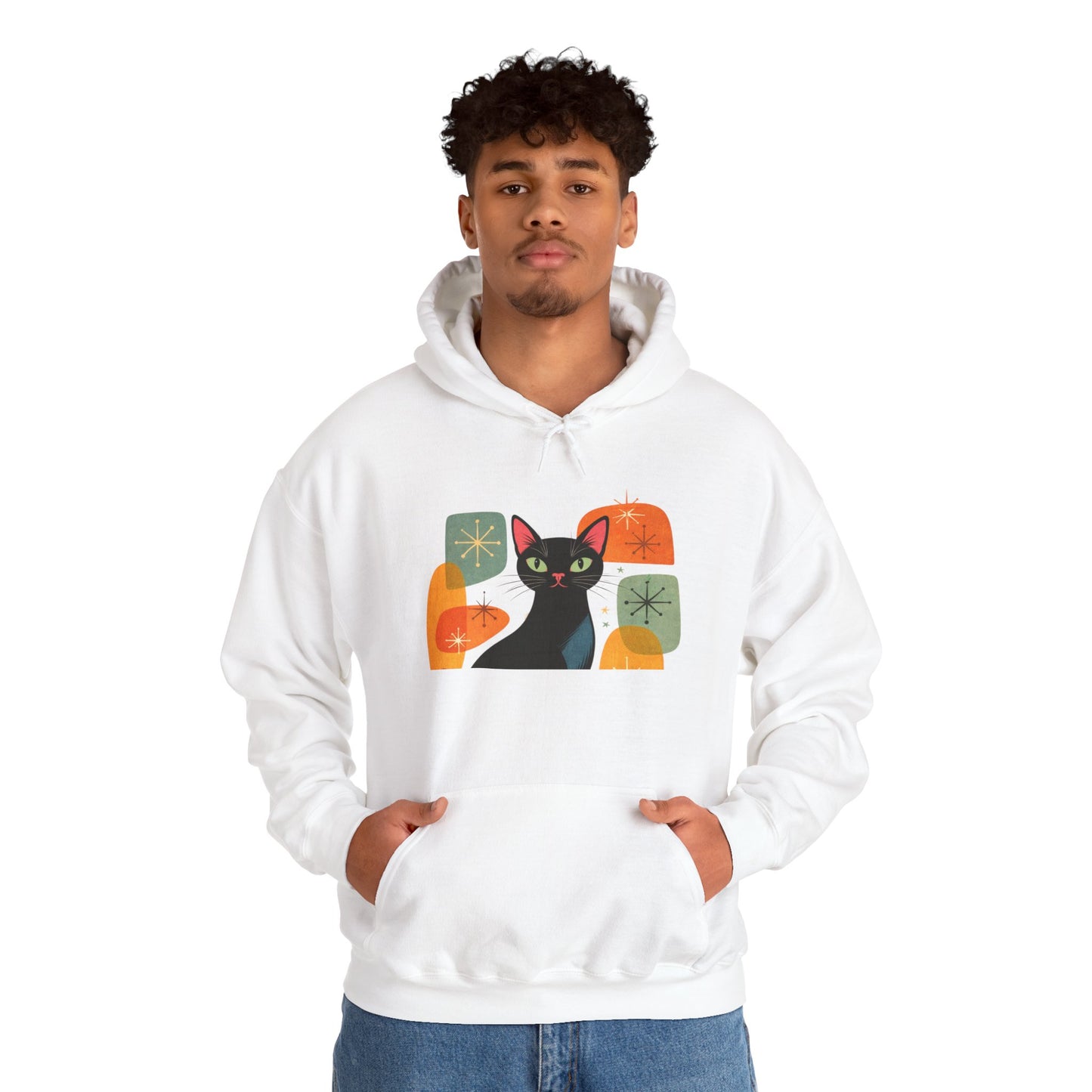 Mid-Century Modern Cat Hoodie — Retro Cool Graphic Sweatshirt
