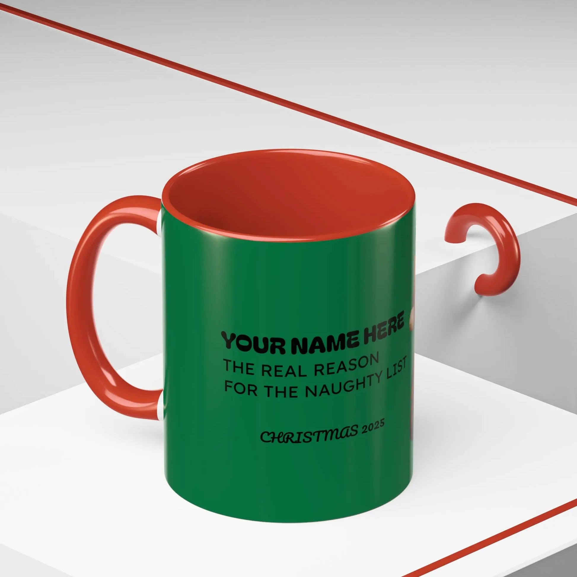 Christmas Cat Accent Mug - Personalized 'On the Naughty List' Mug Printify