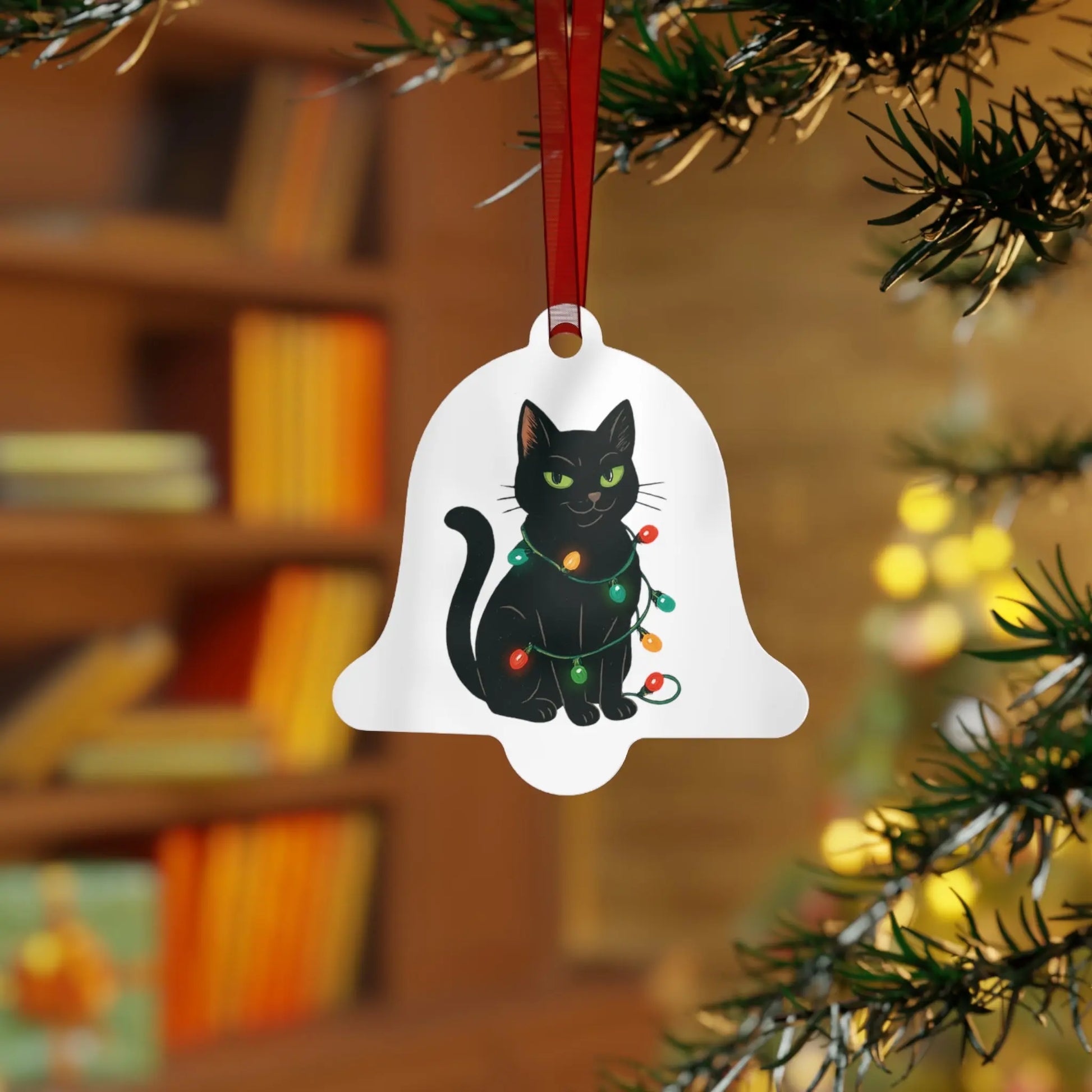 Bell Metal Ornament — Black Cat with Christmas Lights, “Definitely Naughty. Christmas 2025” Printify