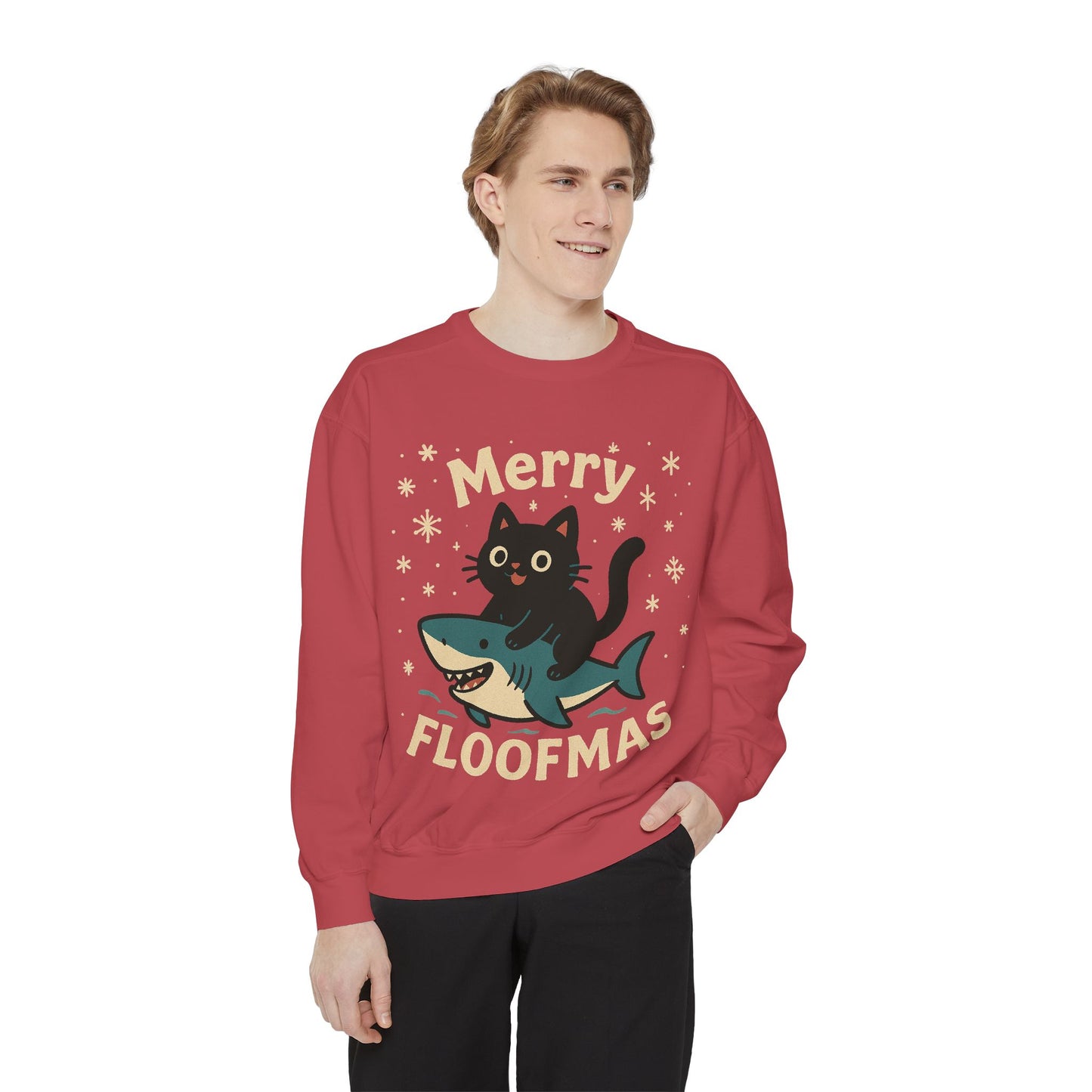 Merry Floofmas Sweatshirt — Cute Cat Riding Shark Holiday Sweater
