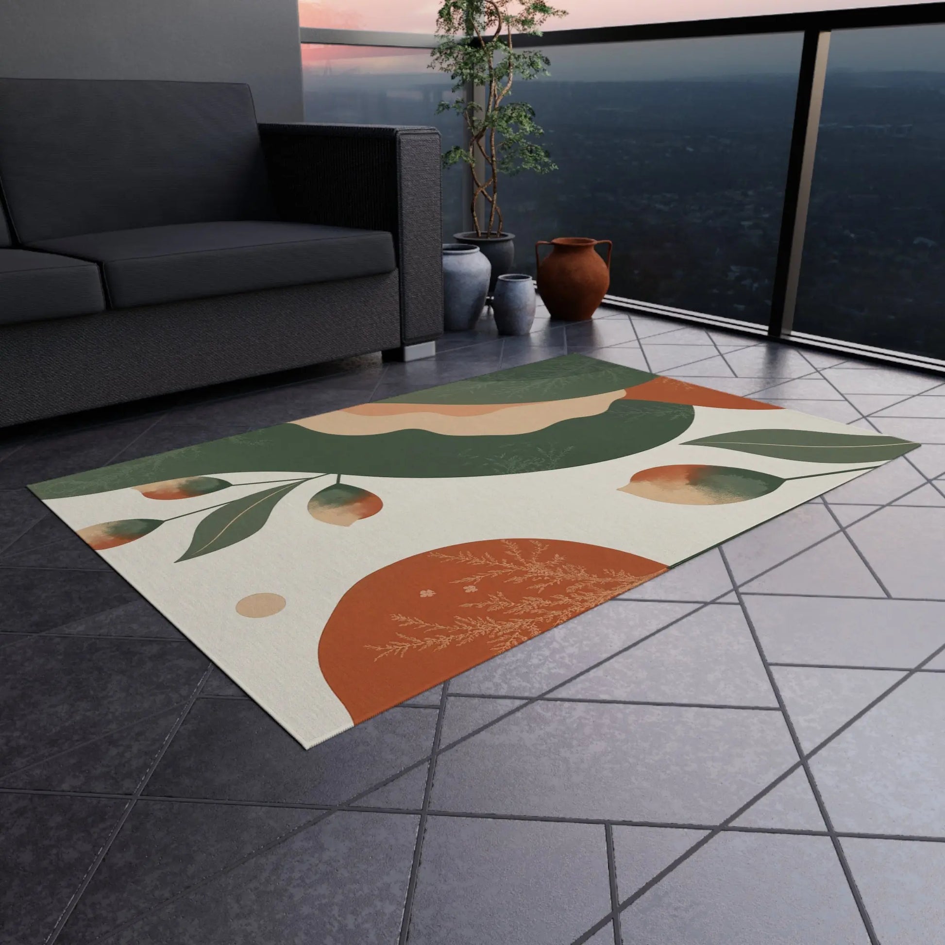 Abstract Botanical Outdoor Rug — Green & Terracotta Patio Mat Printify