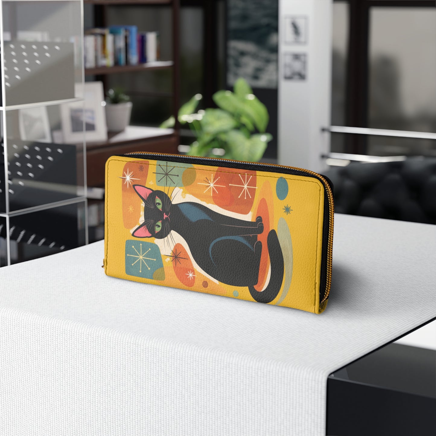 Retro Black Cat Zipper Wallet — Mid-Century Modern Cat Wallet
