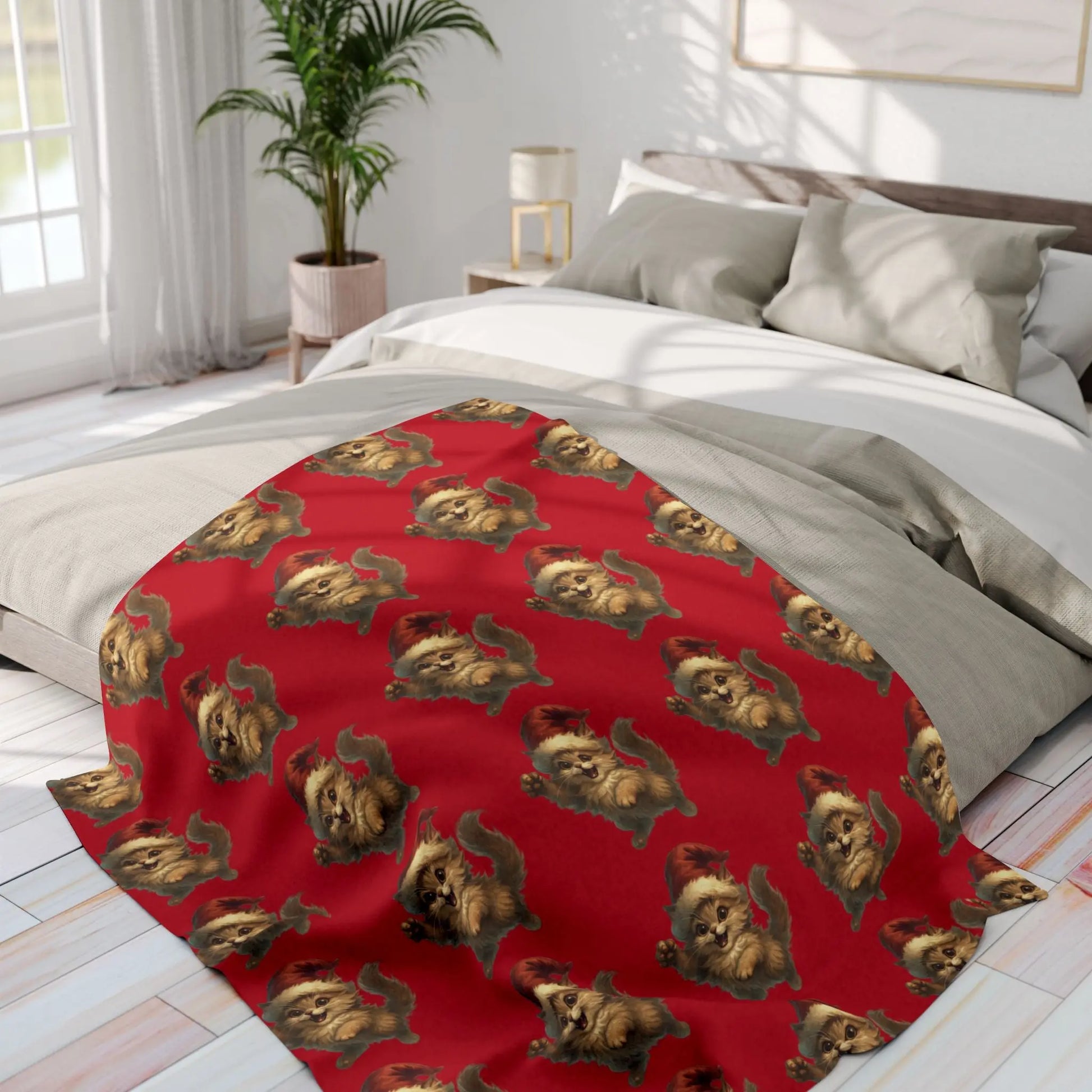 Santa Bear Pattern Fleece Blanket — Festive Red Holiday Throw Printify