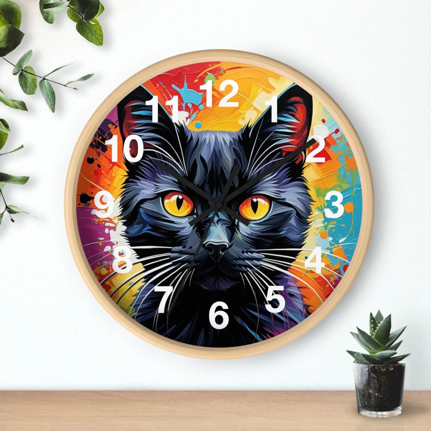 Black Cat Wall Clock — Colorful Pop Art Cat Clock with Yellow Eyes Printify