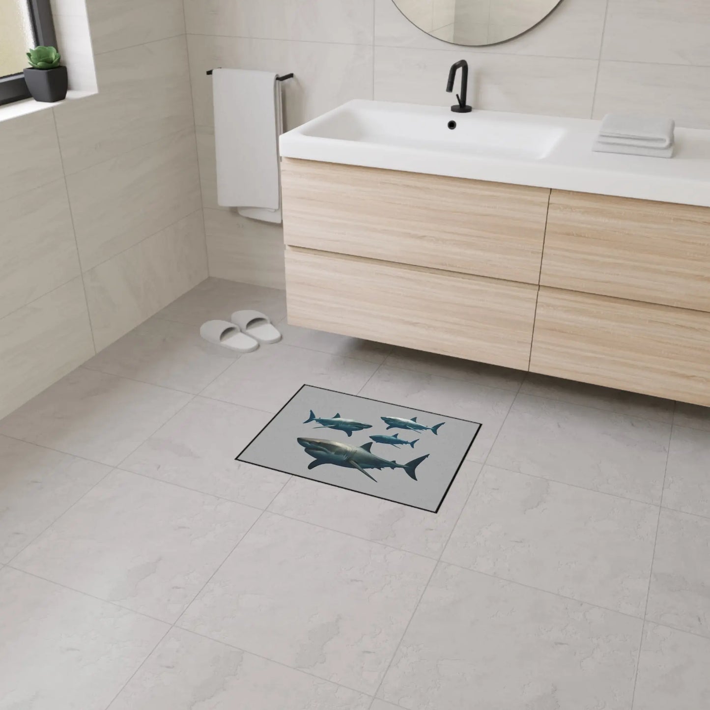 Shark School Heavy-Duty Floor Mat — Durable Ocean Shark Rug for Entryway, Garage, or Bathroom Printify