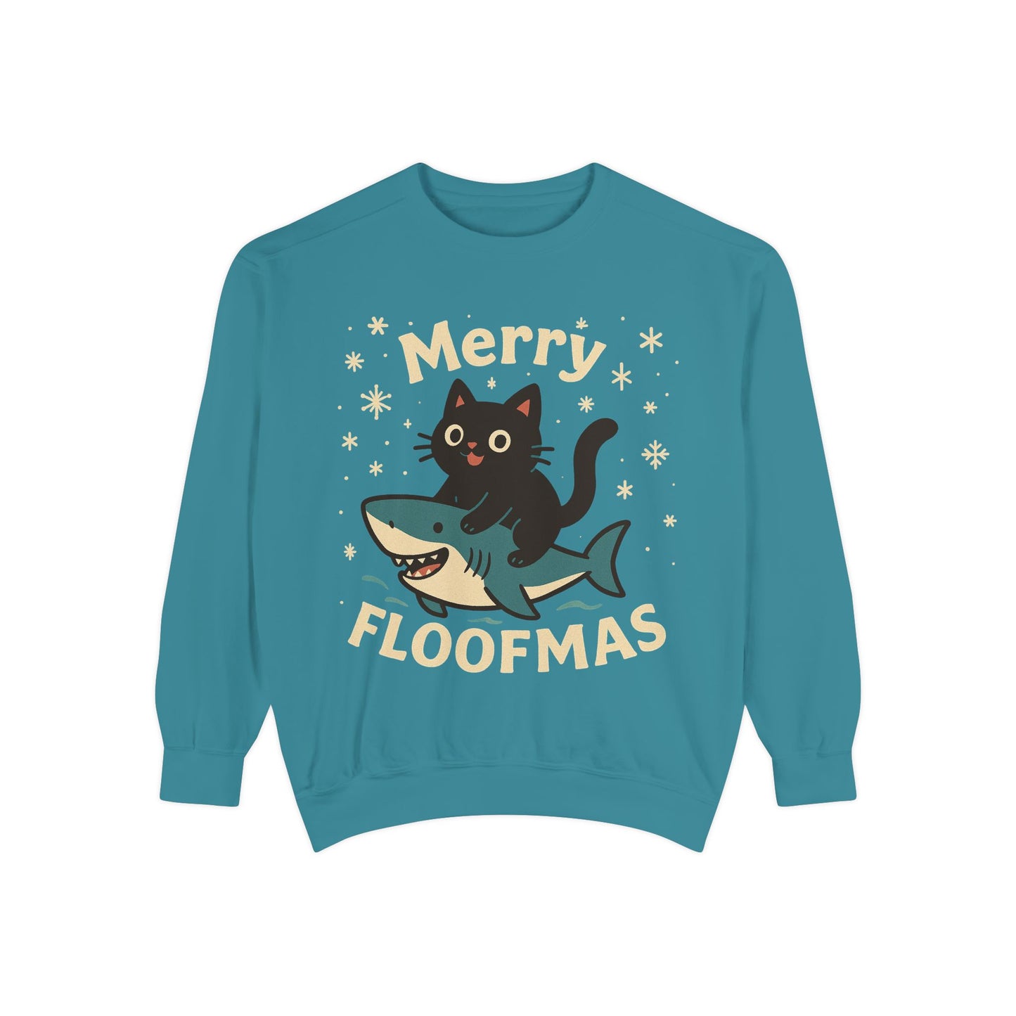 Merry Floofmas Sweatshirt — Cute Cat Riding Shark Holiday Sweater