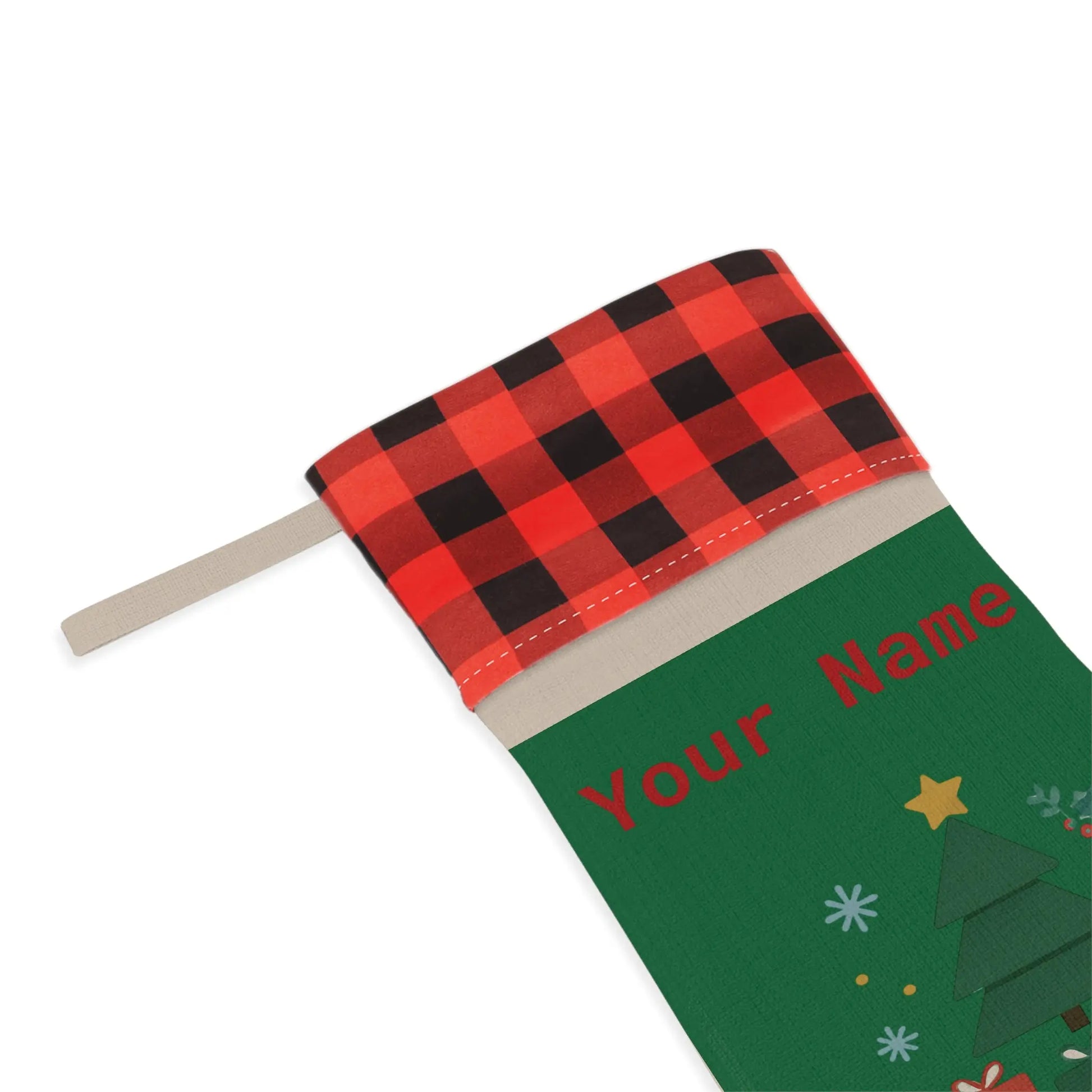 Personalized Merry & Bright Christmas Stocking – Buffalo Plaid Cuff, Custom Name Holiday Decor Printify