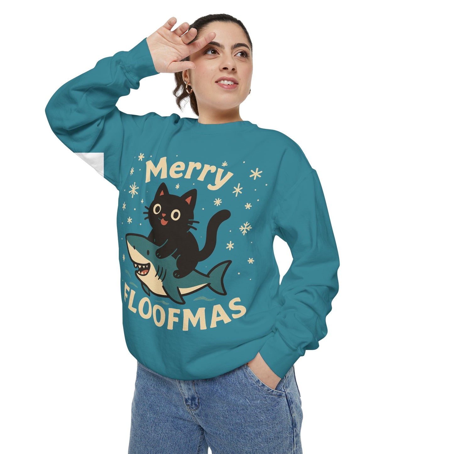 Merry Floofmas Sweatshirt — Cute Cat Riding Shark Holiday Sweater
