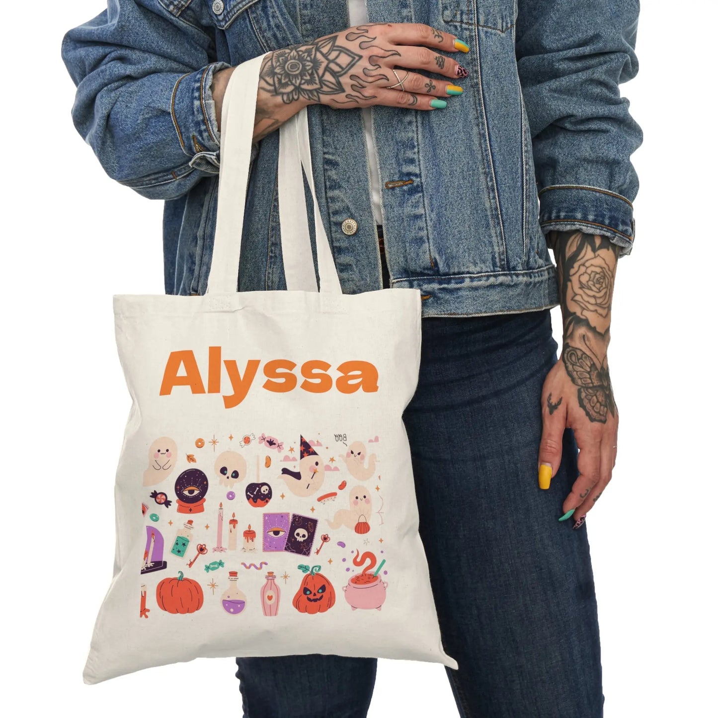 Halloween Tote Bag, Personalized Trick or Treat Bag, Cat & Pumpkin Design, Eco-Friendly Shopping Bag, Cute Halloween Gift - FloofChonk