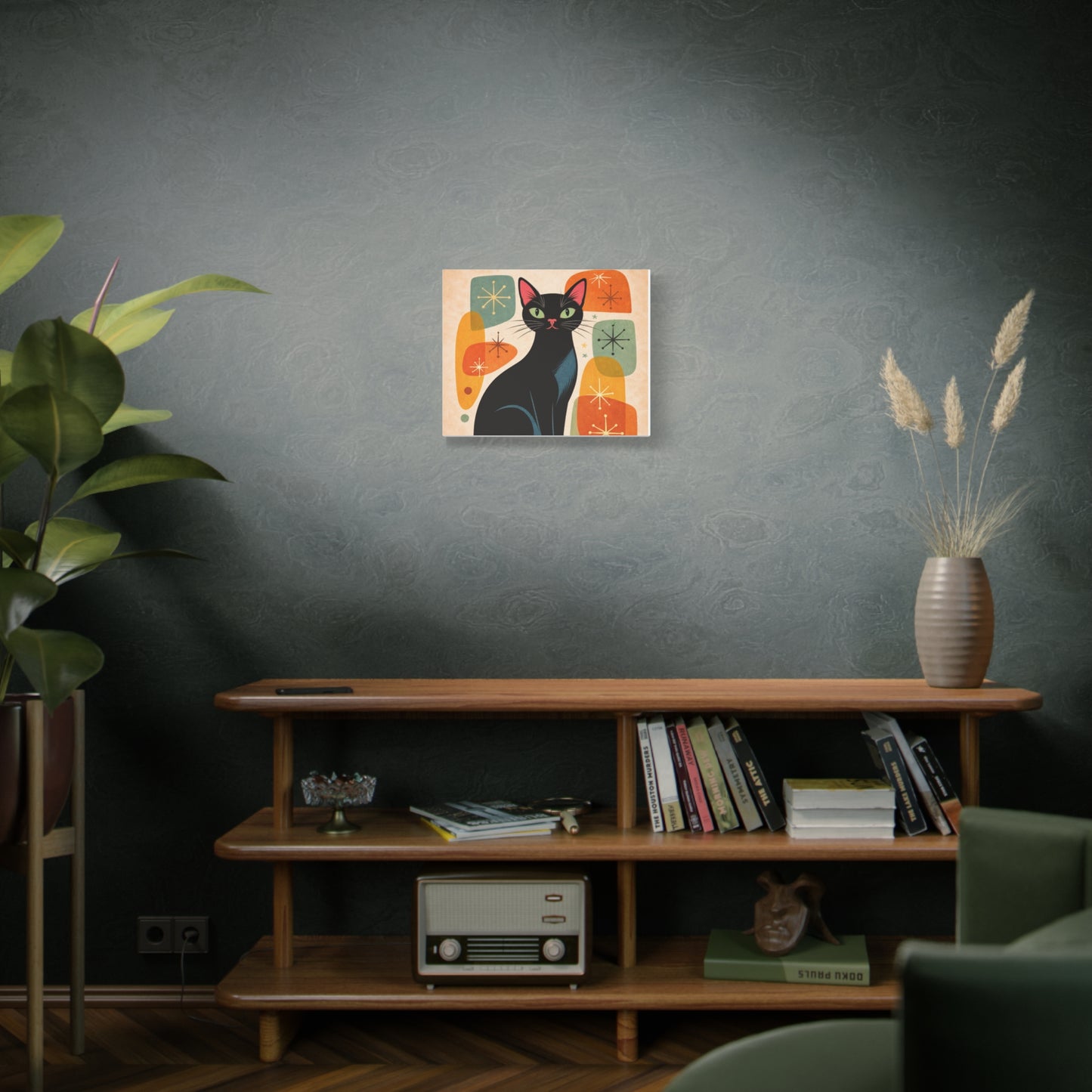 Mid-Century Modern Black Cat Canvas Print — Matte Stretched Wall Art