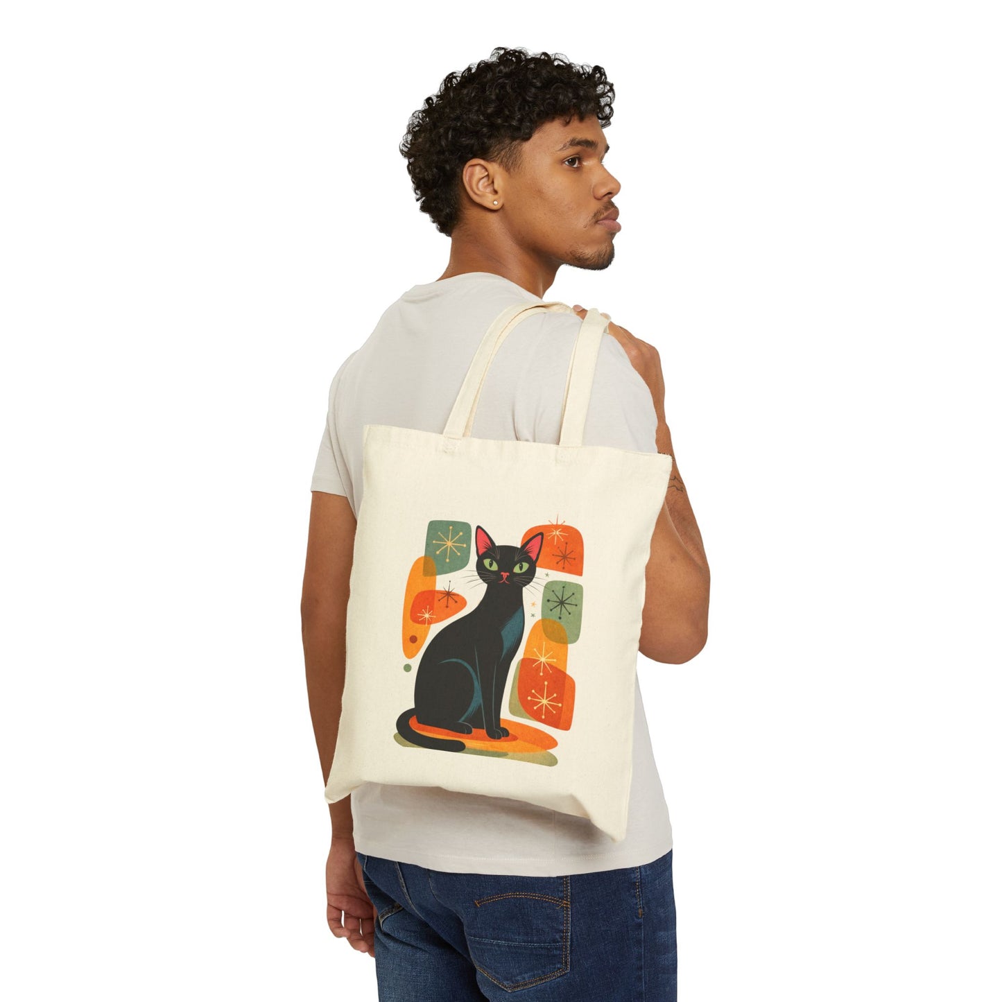 Retro Black Cat Graphic Canvas Tote Bag