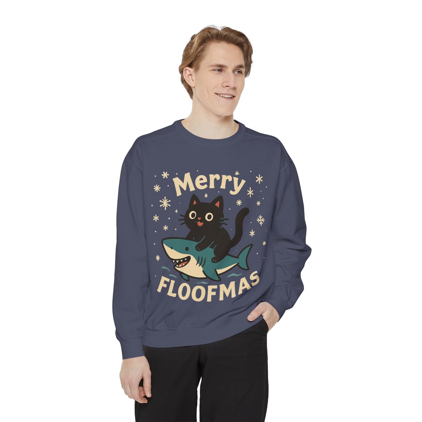 Merry Floofmas Sweatshirt — Cute Cat Riding Shark Holiday Sweater