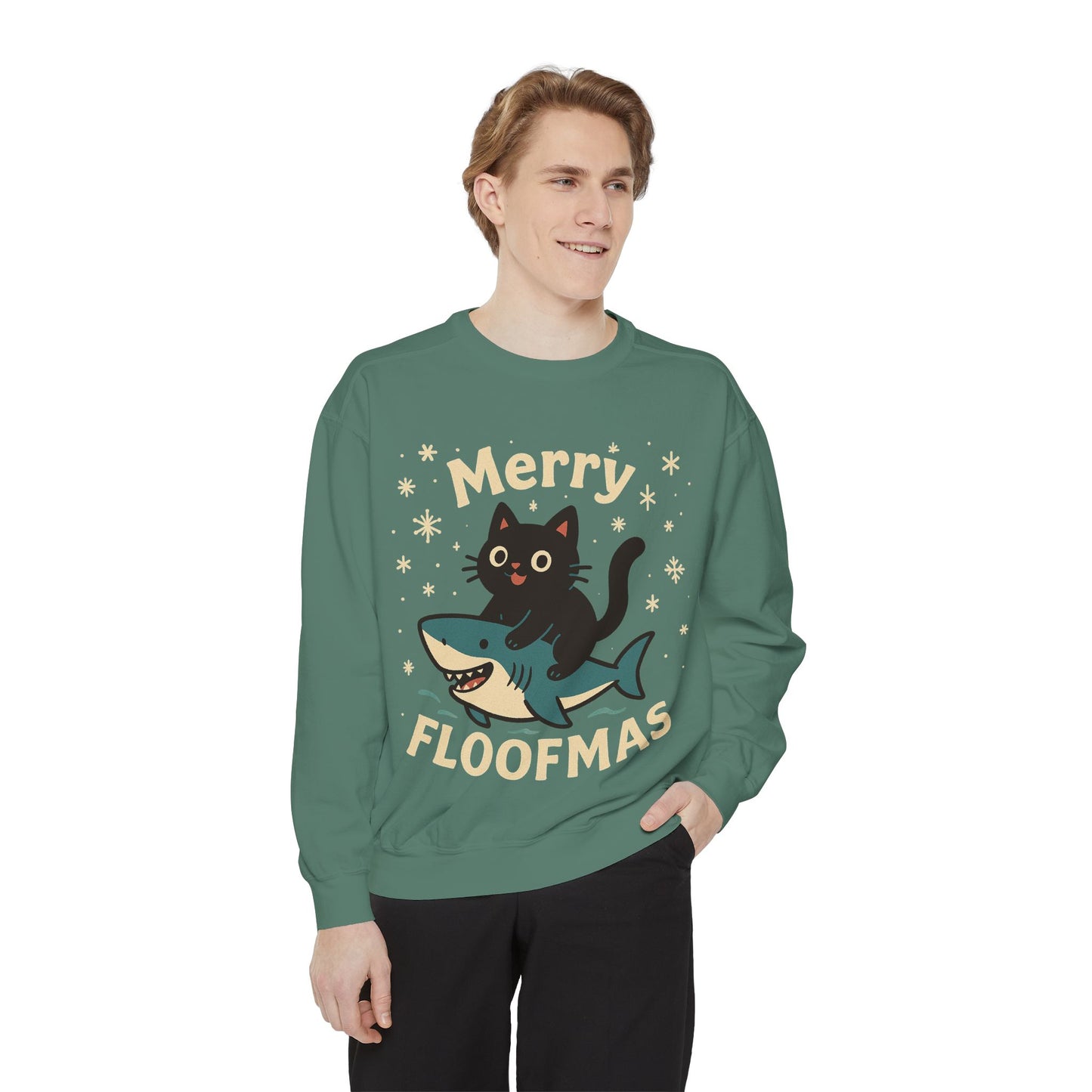 Merry Floofmas Sweatshirt — Cute Cat Riding Shark Holiday Sweater