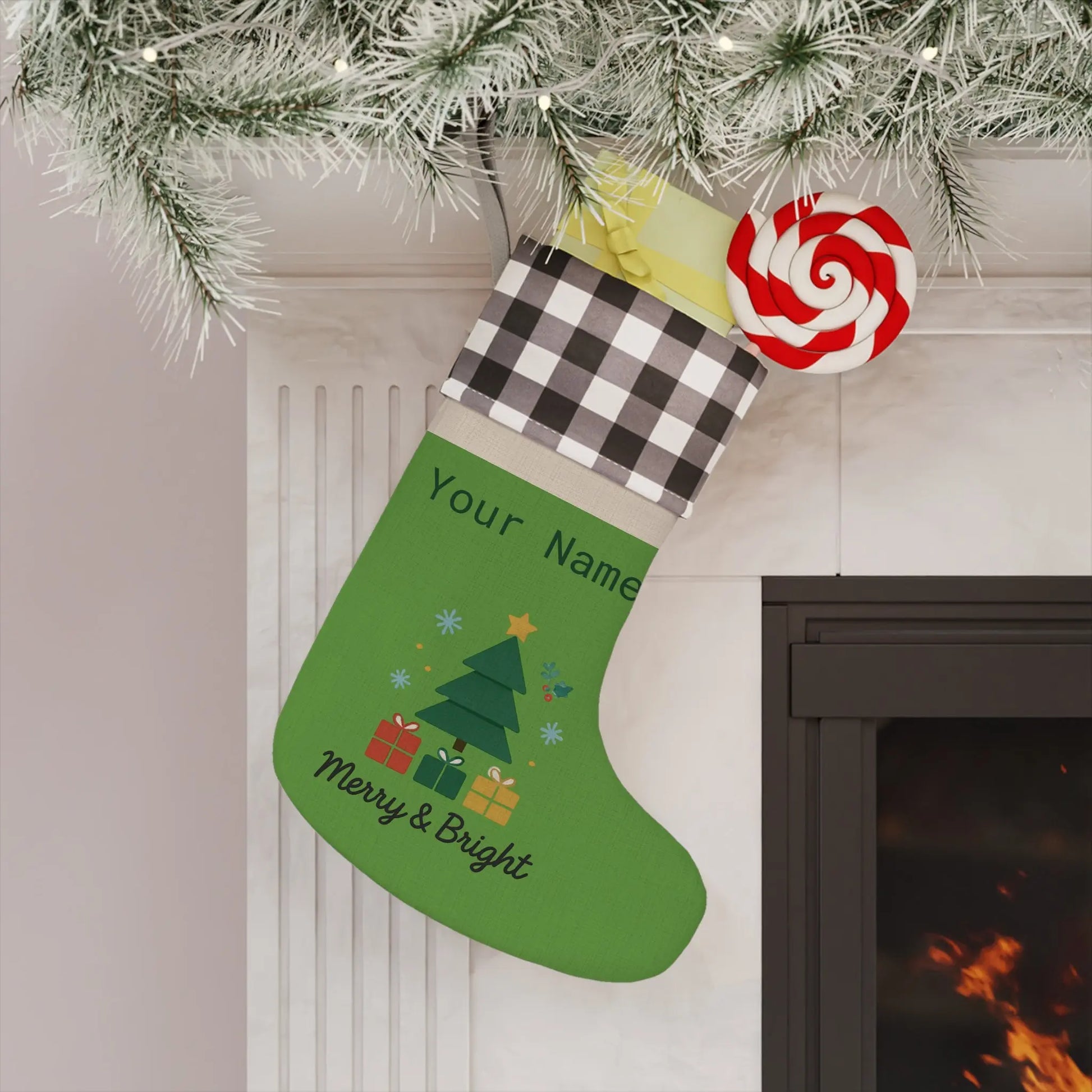Personalized Merry & Bright Christmas Stocking – Buffalo Plaid Cuff, Custom Name Holiday Decor Printify
