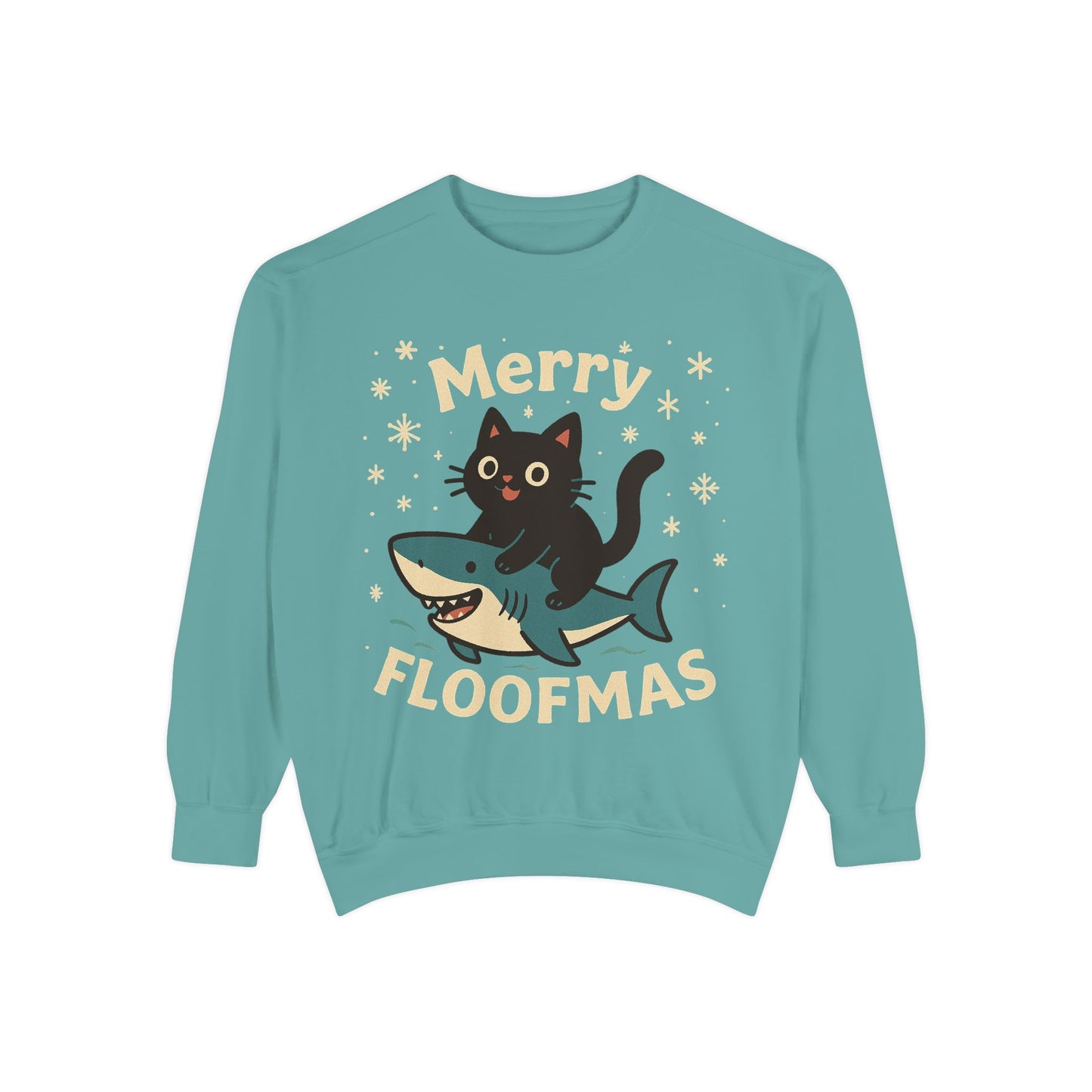 Merry Floofmas Sweatshirt — Cute Cat Riding Shark Holiday Sweater