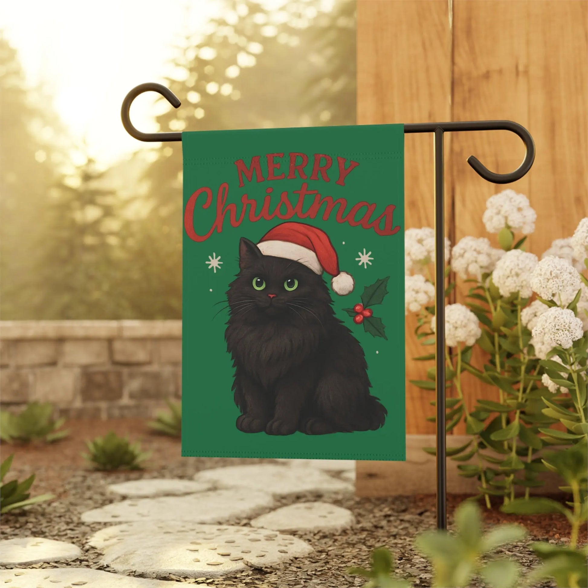 Merry Christmas Black Cat Garden Flag — Holiday House Banner Printify
