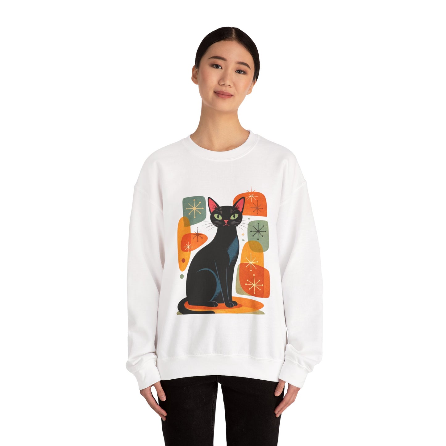 Retro Black Cat Crewneck Sweatshirt — Vintage Cat Graphic