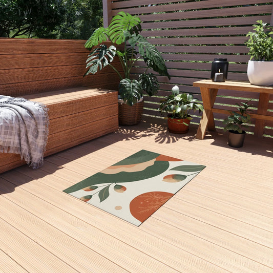 Abstract Botanical Outdoor Rug — Green & Terracotta Patio Mat Printify