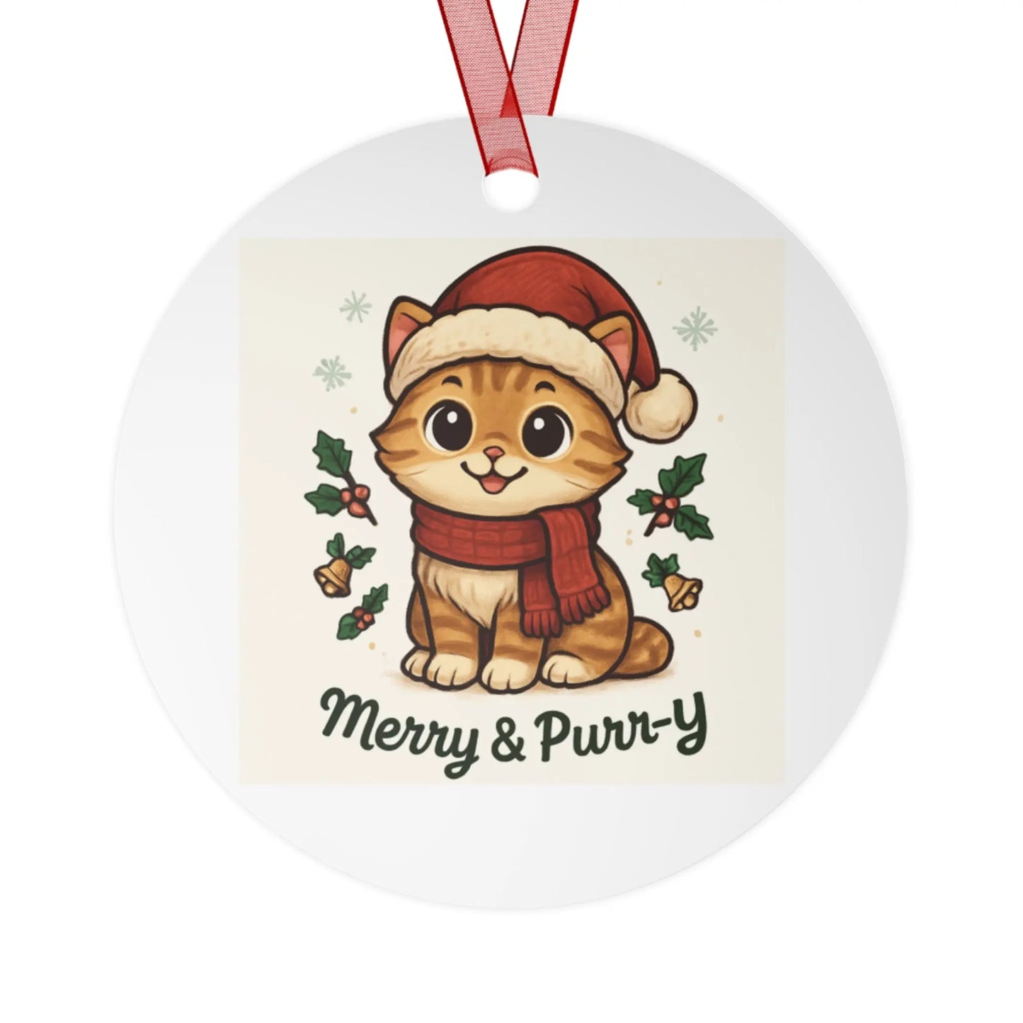 Christmas Cat Ornament - Merry & Purr-Y 2025 Metal Ornament Printify