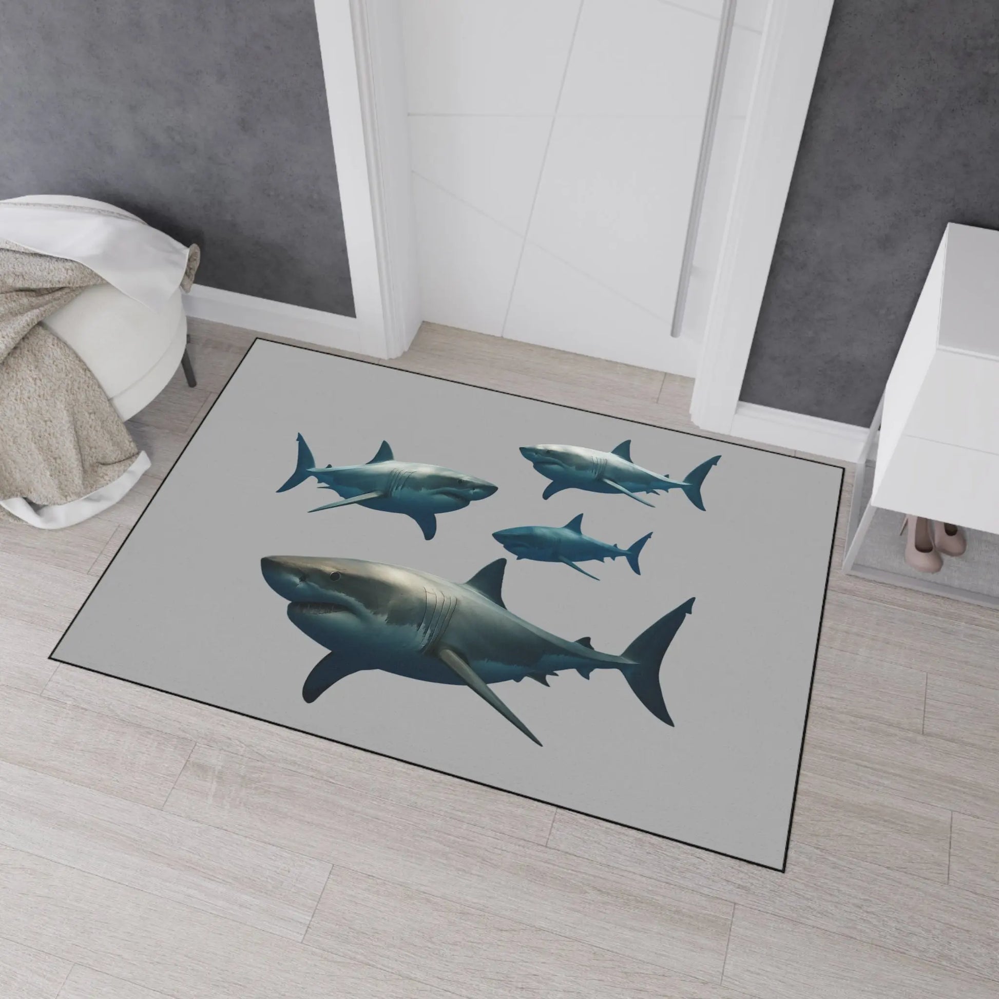 Shark School Heavy-Duty Floor Mat — Durable Ocean Shark Rug for Entryway, Garage, or Bathroom Printify