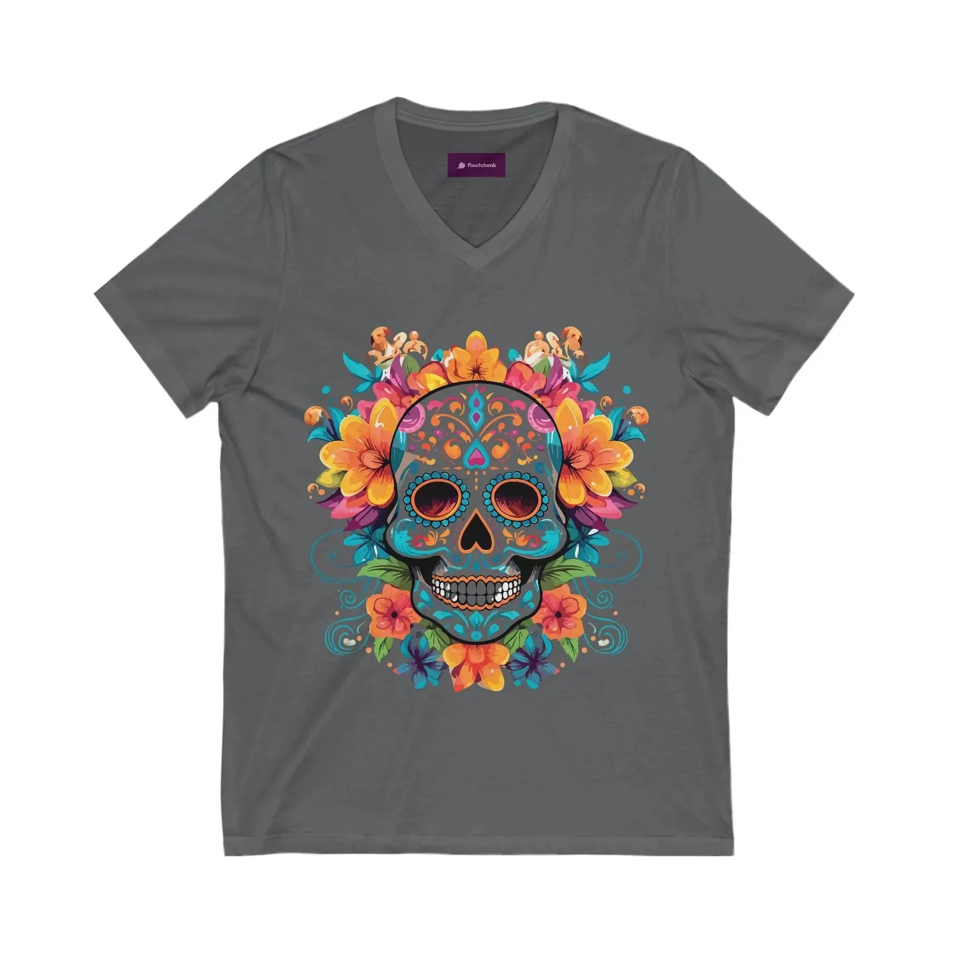 Floral Sugar Skull V-Neck Tee - Day of the Dead Shirt Printify