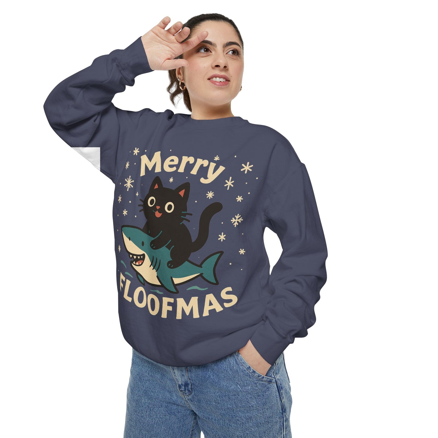 Merry Floofmas Sweatshirt — Cute Cat Riding Shark Holiday Sweater