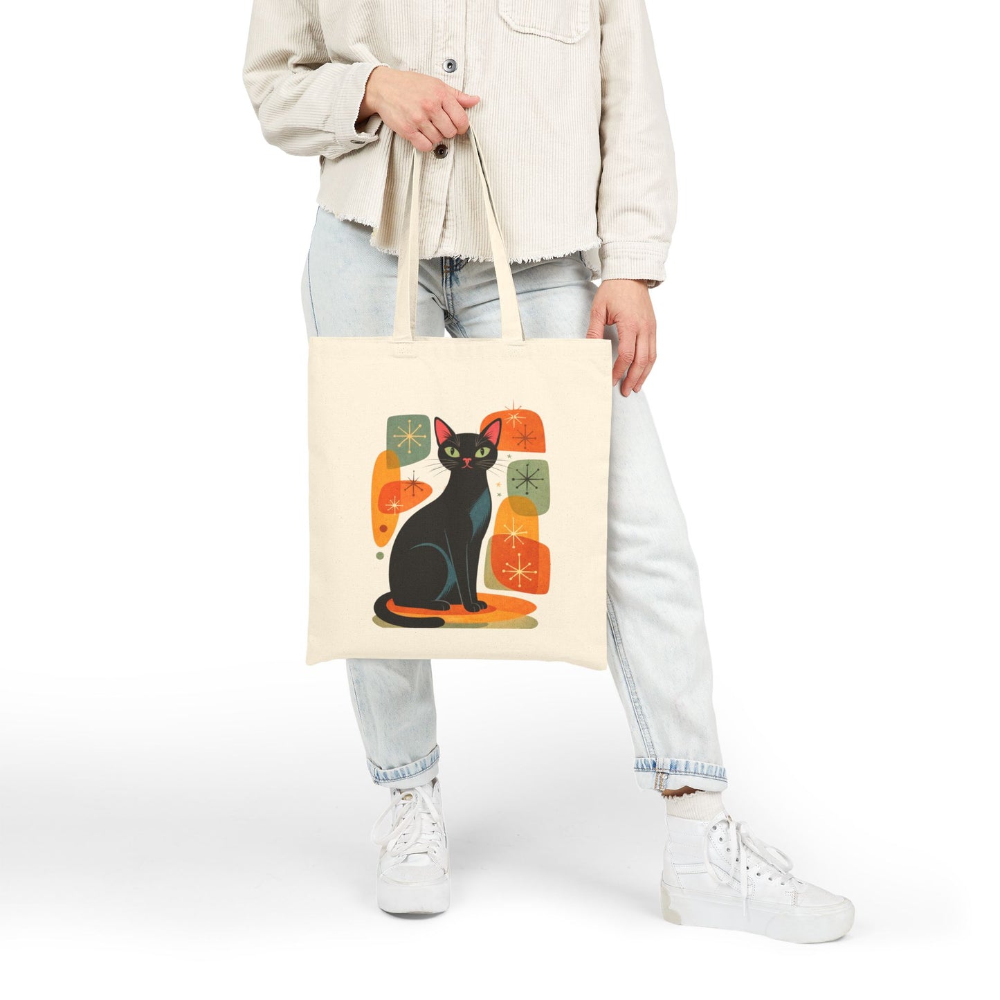 Retro Black Cat Graphic Canvas Tote Bag