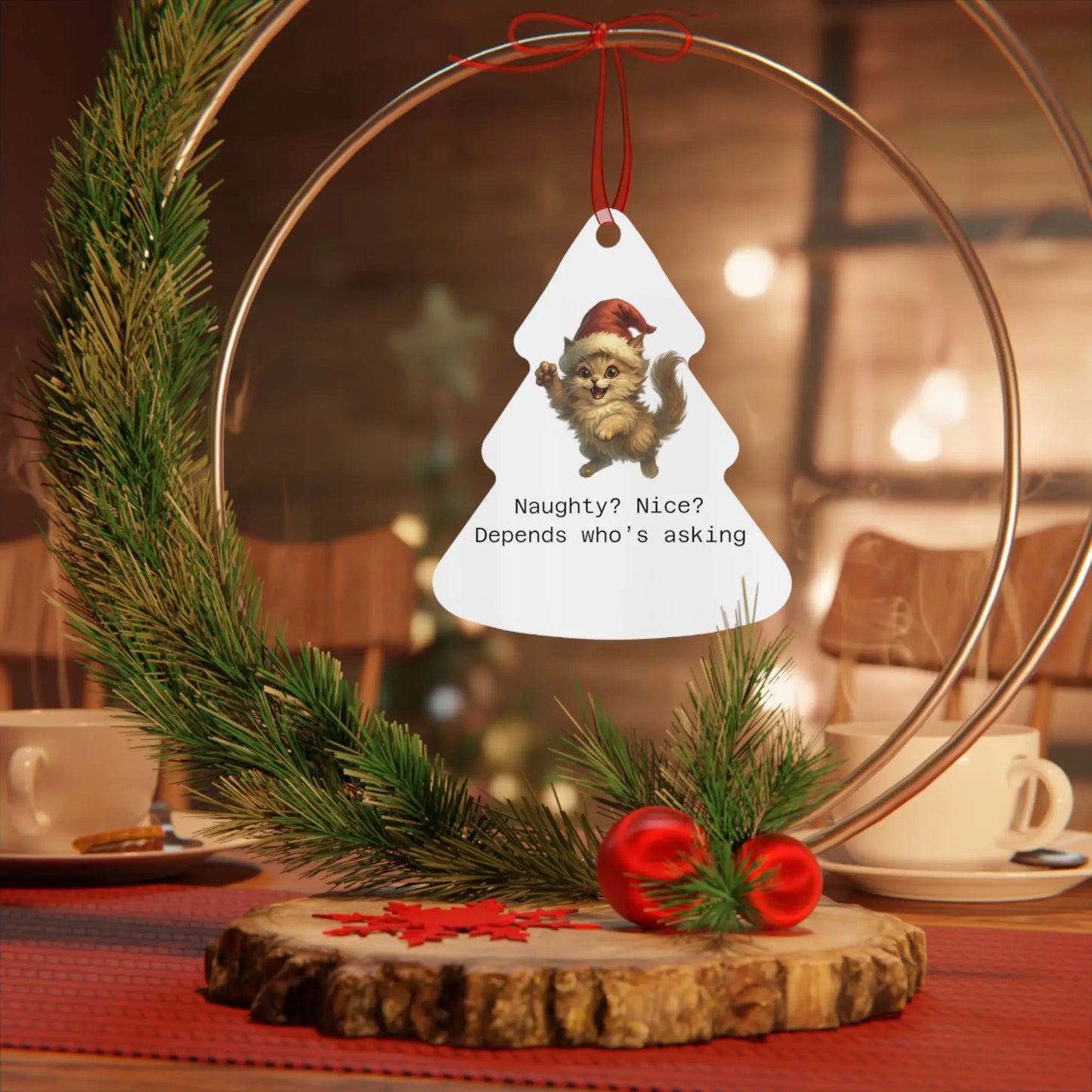 Custom Holiday Metal Ornaments - 'Naughty? Nice? Depends Who's Asking' Design - Perfect for Christmas & Personalized Gifts Printify