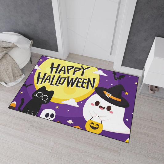 Happy Halloween Floor Mat, Spooky Decor for Entryway, Cute Ghost and Cat, Halloween Party Welcome, Fall Home Decoration, Trick or Treat Mat Printify