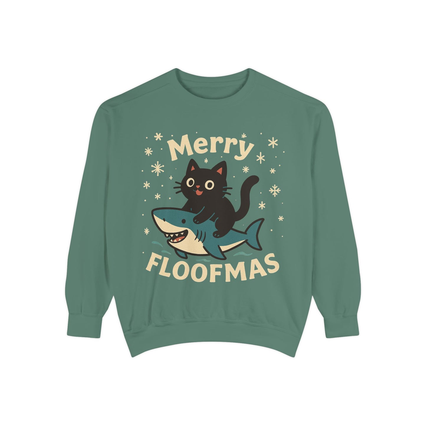 Merry Floofmas Sweatshirt — Cute Cat Riding Shark Holiday Sweater