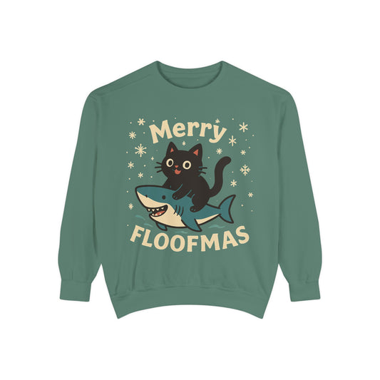 Merry Floofmas Sweatshirt — Cute Cat Riding Shark Holiday Sweater