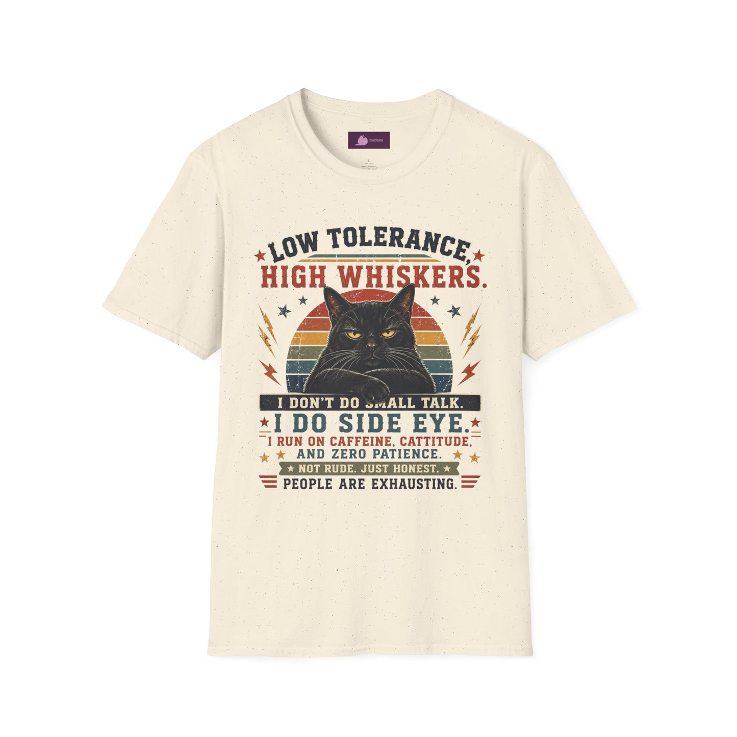 Cat T-Shirt — "Low Tolerance, High Whiskers" Vintage Black Cat Graphic Tee