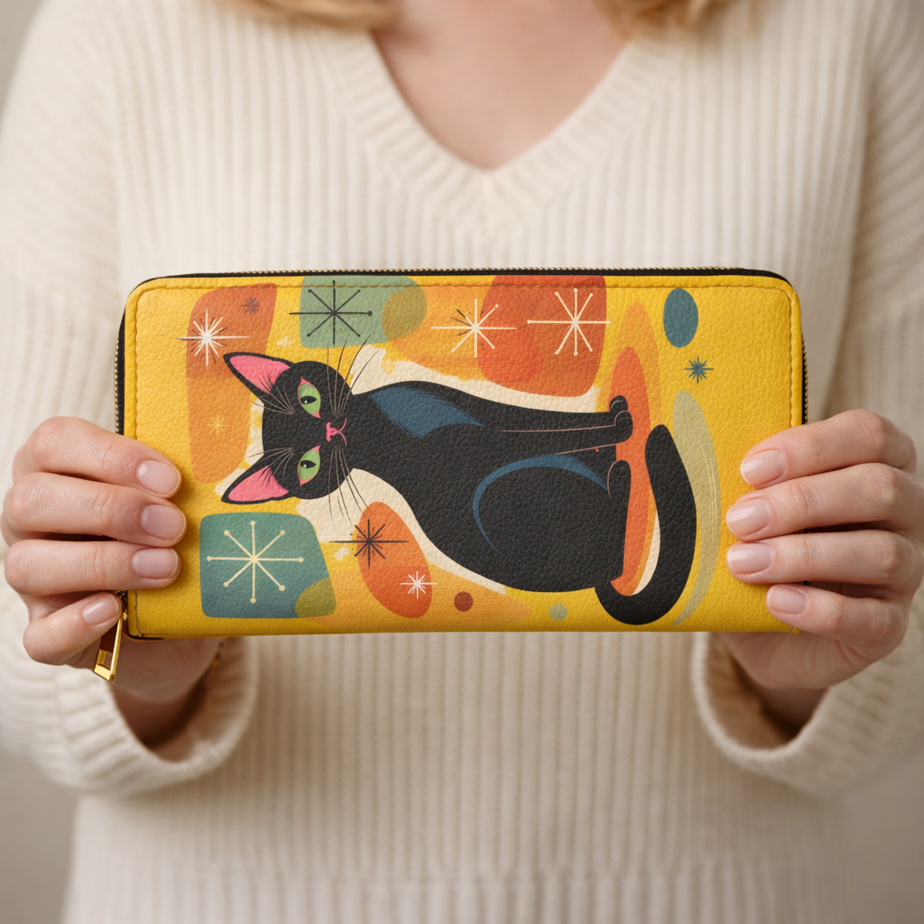 Retro Black Cat Zipper Wallet — Mid-Century Modern Cat Wallet