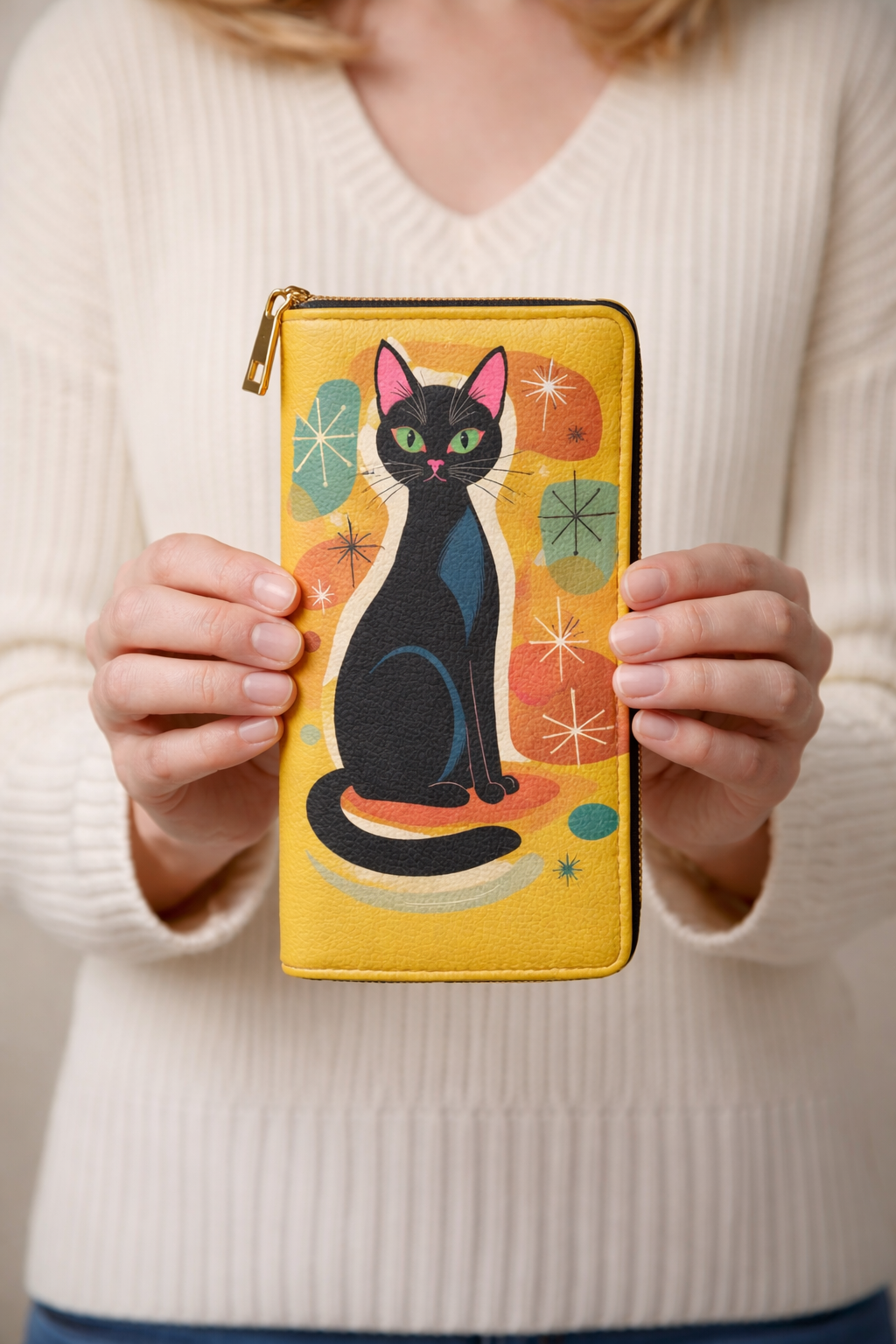 Retro Black Cat Zipper Wallet — Mid-Century Modern Cat Wallet