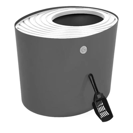 Round Top Entry Cat Litter Box Litter Particle Catching Cover and Privacy Walls with Scoop, Dark Gray/White Dropshipman